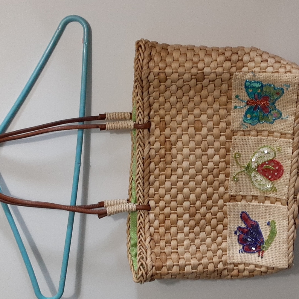 Wove straw tote with sequin insects